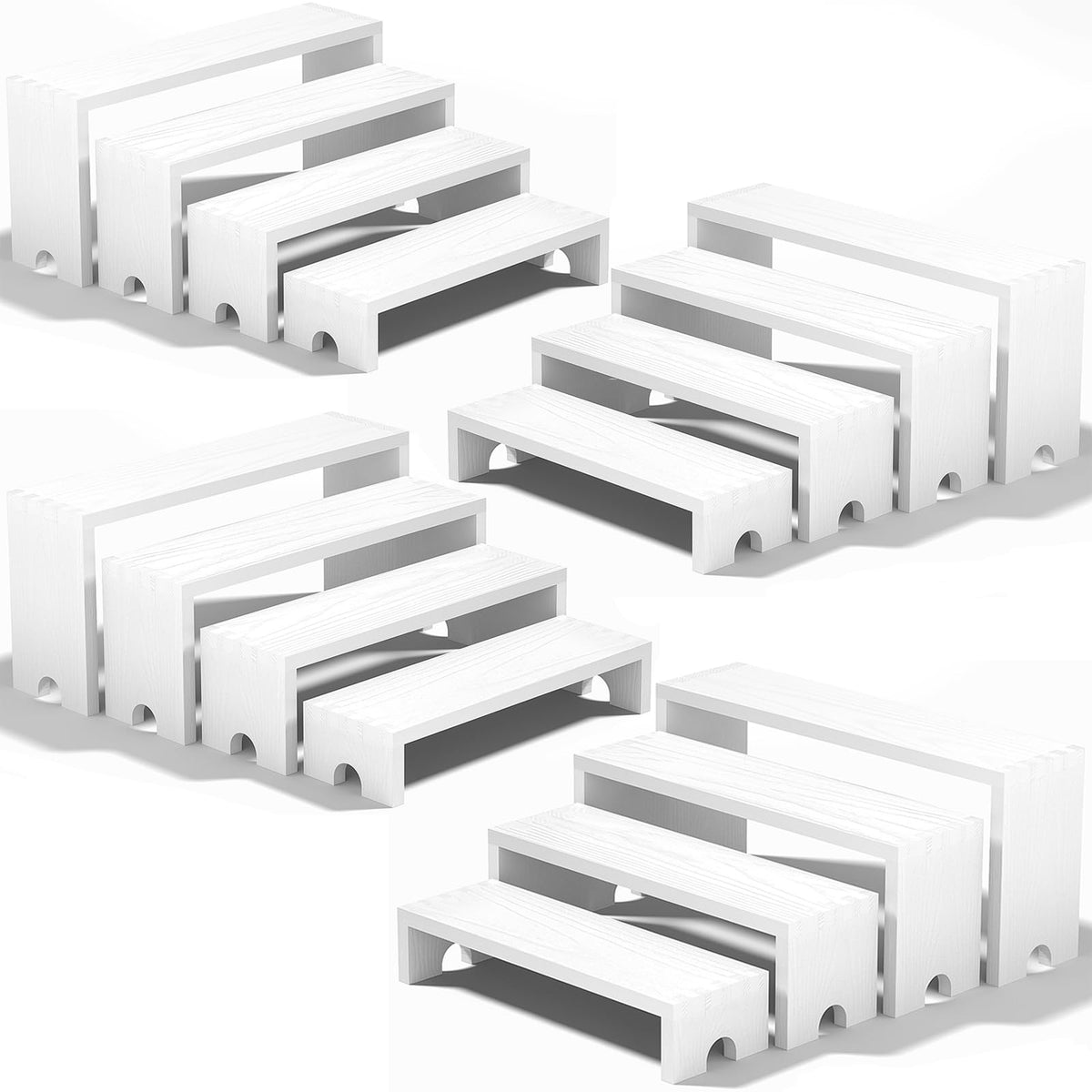 Vecxoty front view of four white wood display sets showing farmhouse styling and versatility