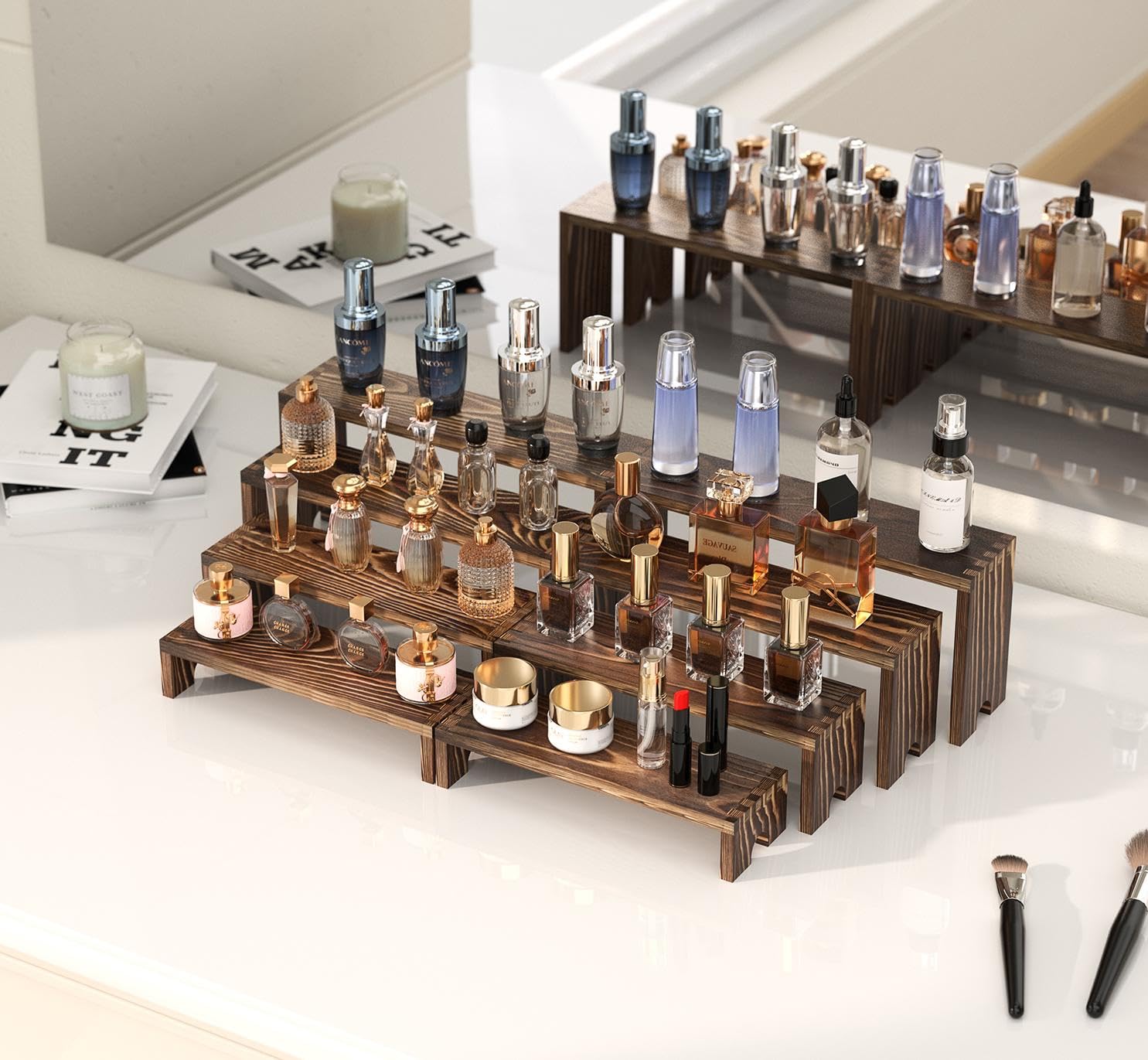 Vecxoty wooden tiers displaying perfume bottles for organized vanity storage