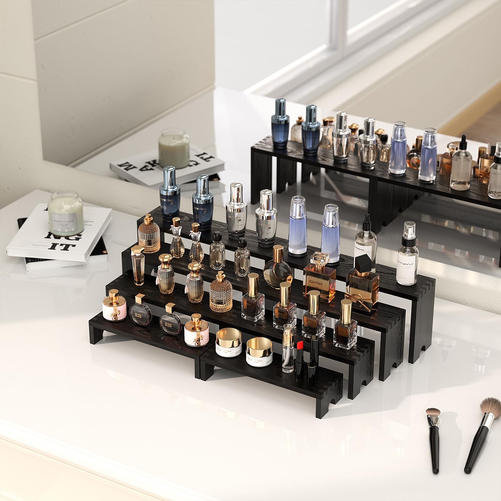 Vecxoty stacked risers on vendor table showing increased visibility benefit