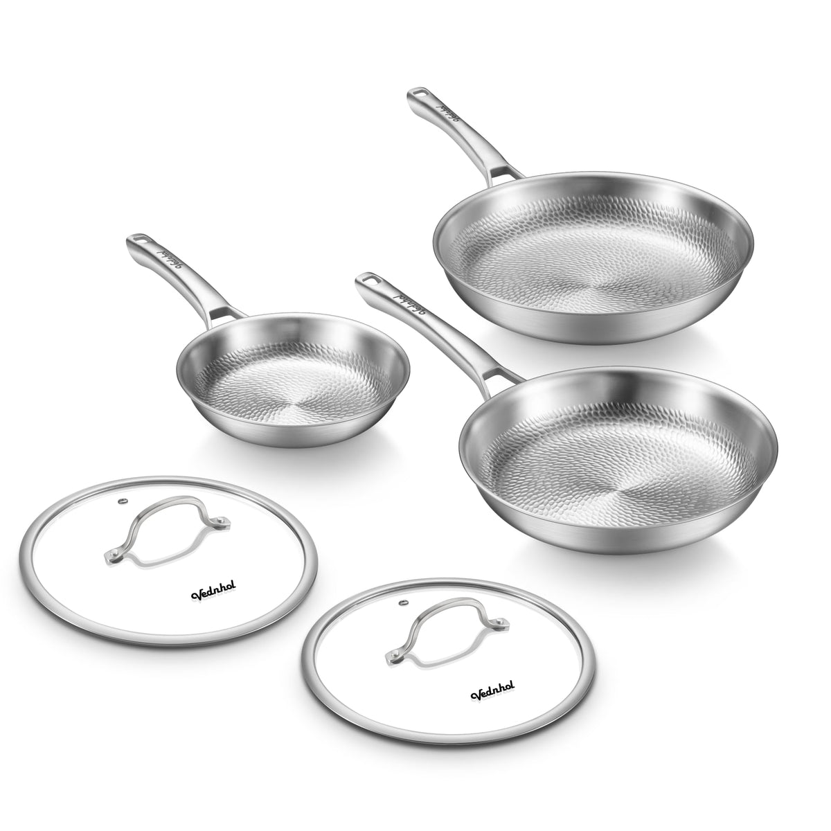 VEDNHOL front view three pans with lids showing set and benefit of complete coverage