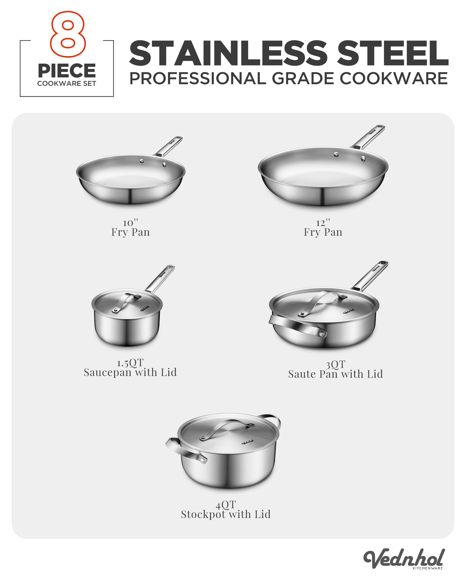 VEDNHOL 12-inch frying pan side profile demonstrating deep edges and heat control