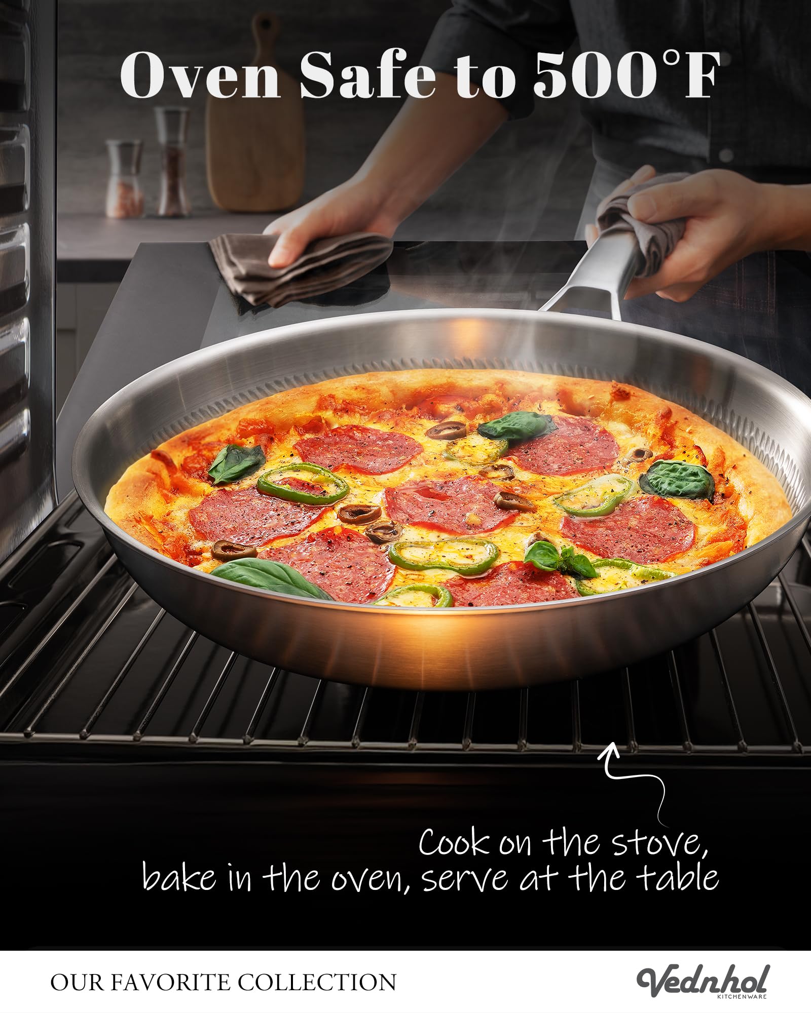 VEDNHOL lifestyle kitchen cooking scene showing stylish cookware boosting meal prep