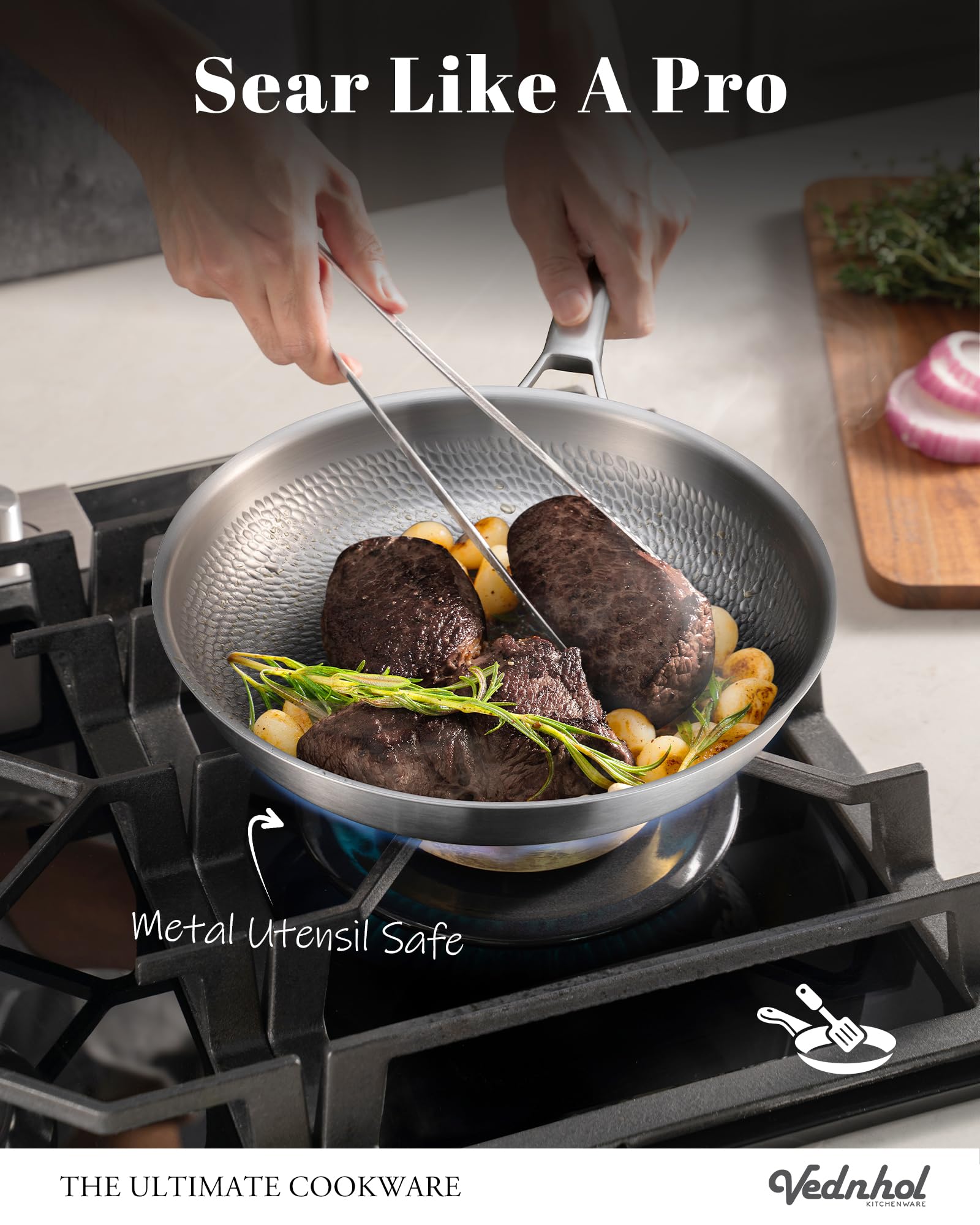 VEDNHOL pan in oven with food showing oven-safe versatility and finishing capability
