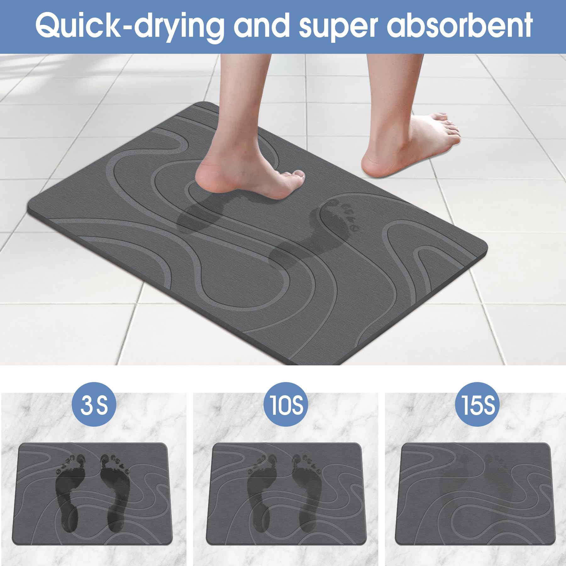 VEELOIM mat in bathroom lifestyle placed beside shower demonstrating quick-dry convenience