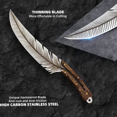 Veisky blade close-up showing hand-forged texture and polished edge benefit