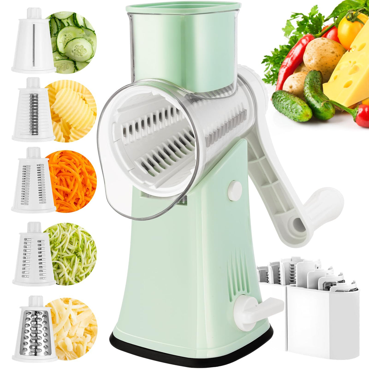 VEKAYA front view of rotary cheese grater showing full unit and assembled drum, clear benefit quick prep