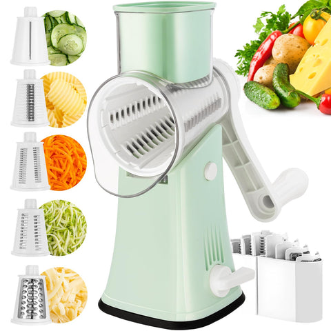 VEKAYA front view of rotary cheese grater showing full unit and assembled drum, clear benefit quick prep