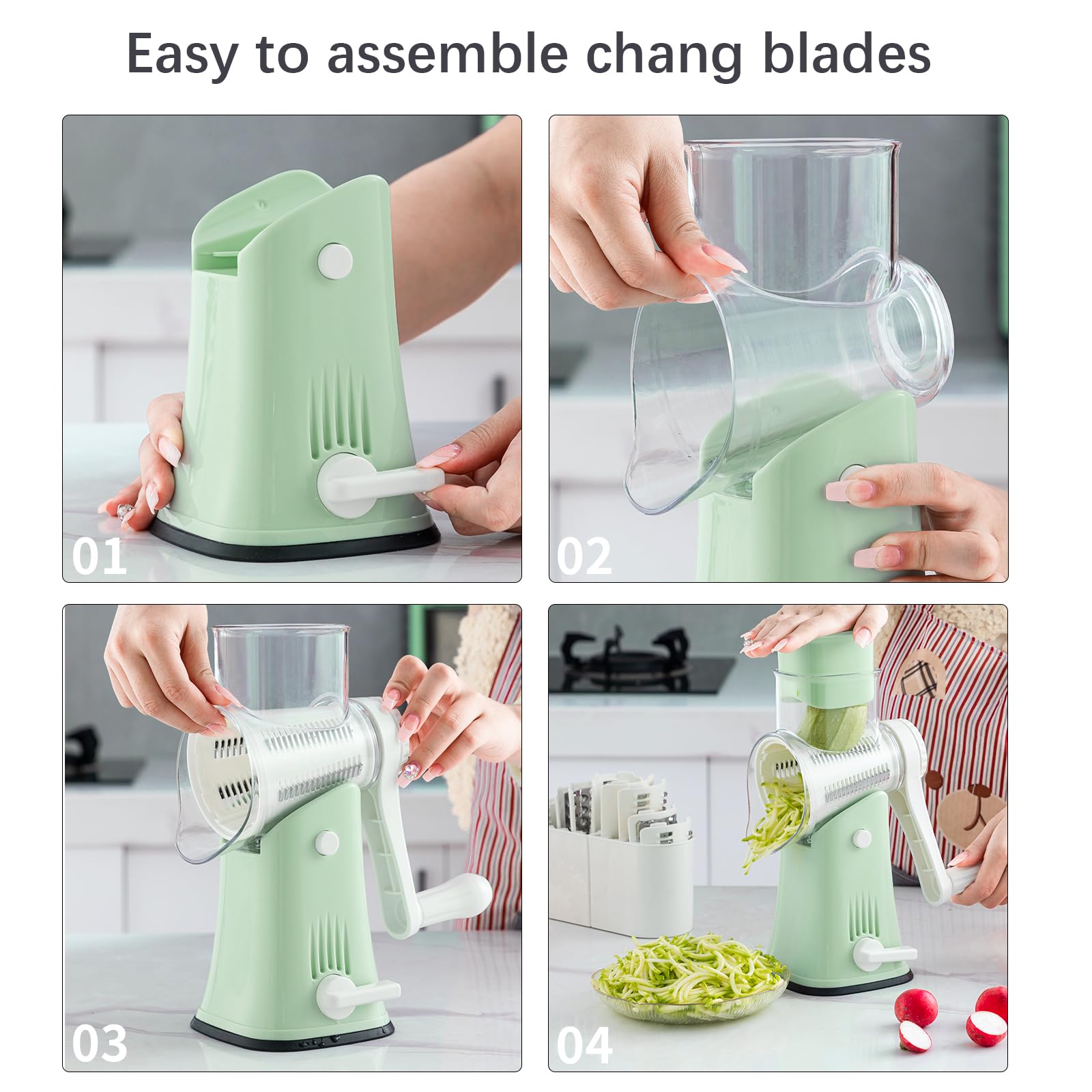 VEKAYA hand using ergonomic crank to grate cheese, benefit reduced wrist effort