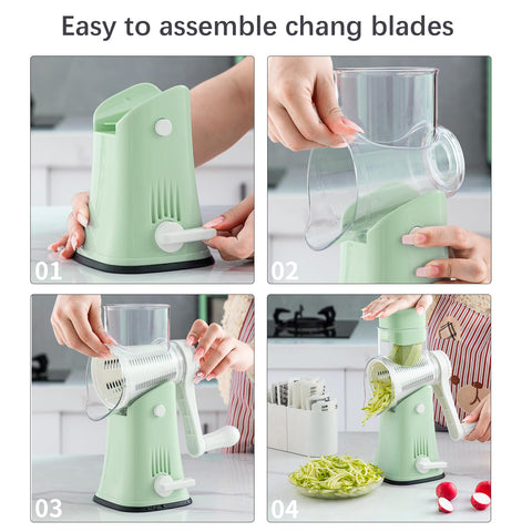VEKAYA hand using ergonomic crank to grate cheese, benefit reduced wrist effort