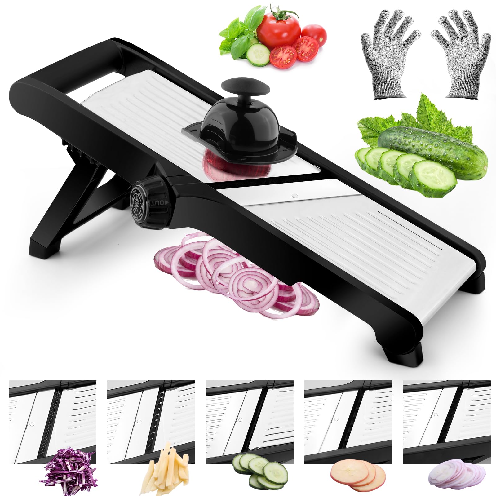 VEKAYA mandoline slicer front view showing compact design and benefits