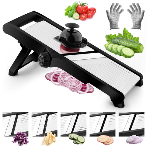 VEKAYA mandoline slicer front view showing compact design and benefits