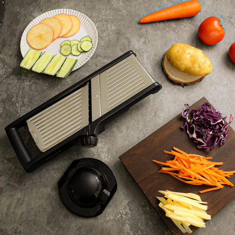 VEKAYA assorted sliced produce showing consistent cuts and versatility