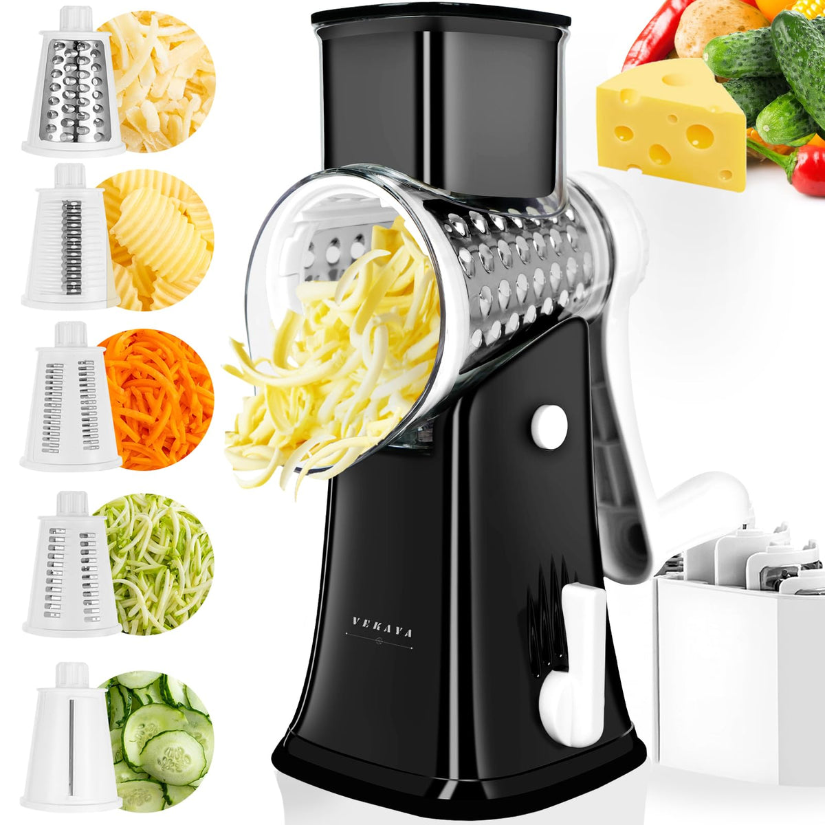 VEKAYA front view of rotary cheese grater showing full unit and benefits