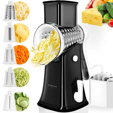 VEKAYA front view of rotary cheese grater showing full unit and benefits