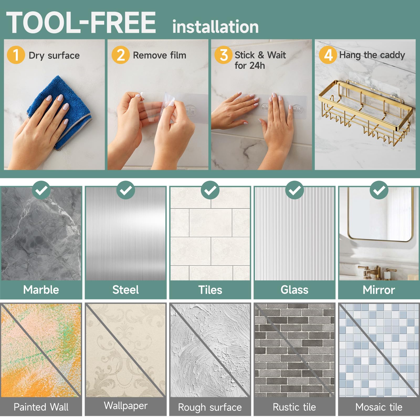 Veken adhesive pad and installation close-up showing strong bond for tool-free mounting benefit