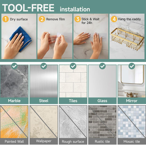 Veken adhesive pad and installation close-up showing strong bond for tool-free mounting benefit