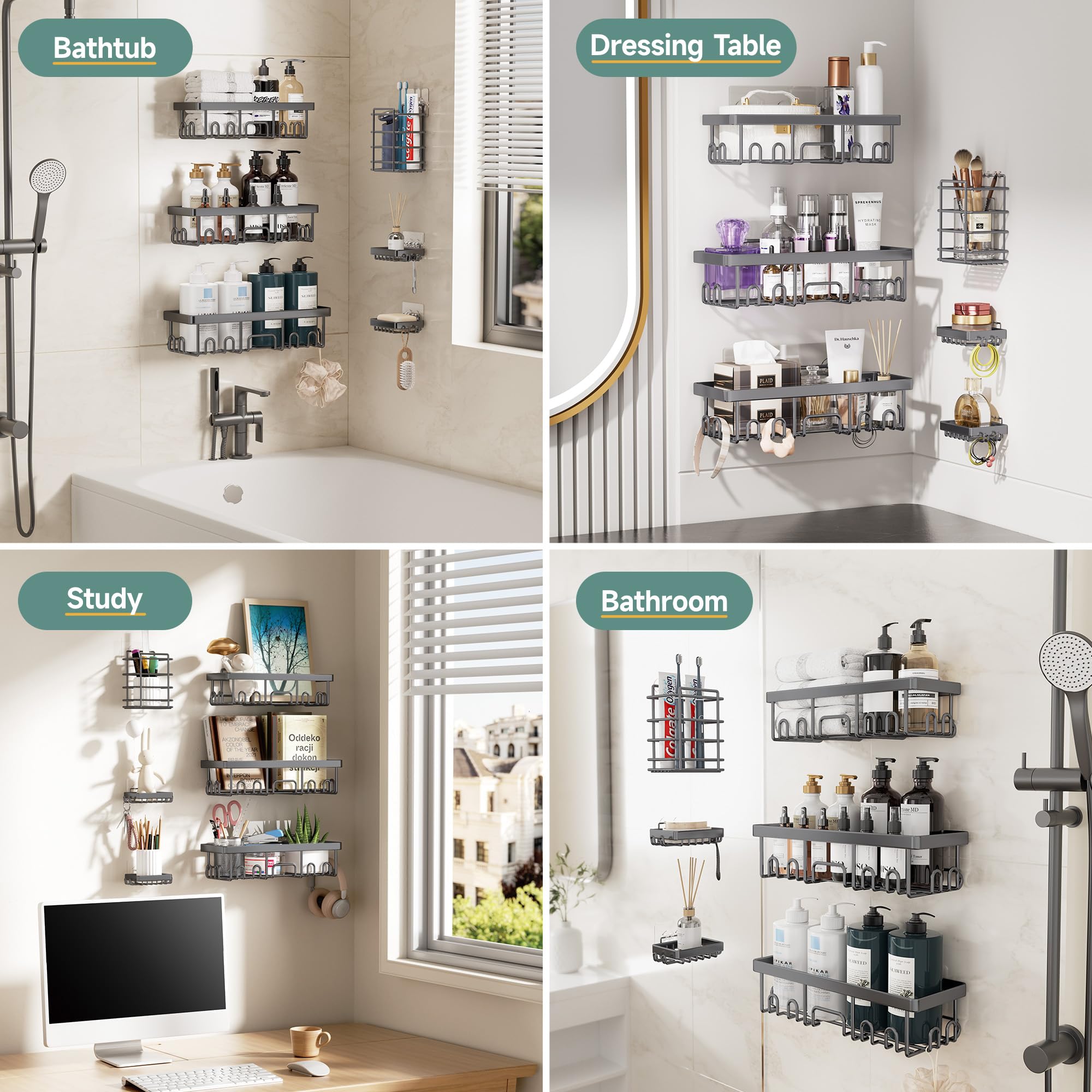 Veken staged bathroom lifestyle with caddies improving countertop space