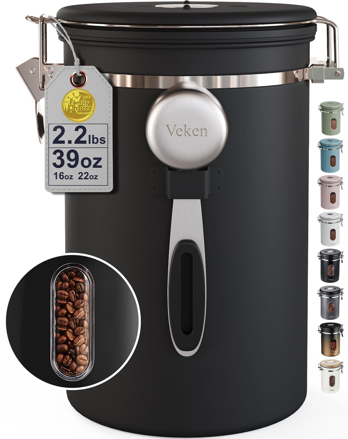 Veken canister front view showing airtight lid and sleek design for freshness