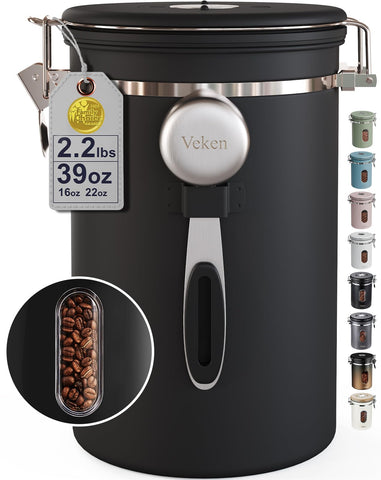 Veken canister front view showing airtight lid and sleek design for freshness