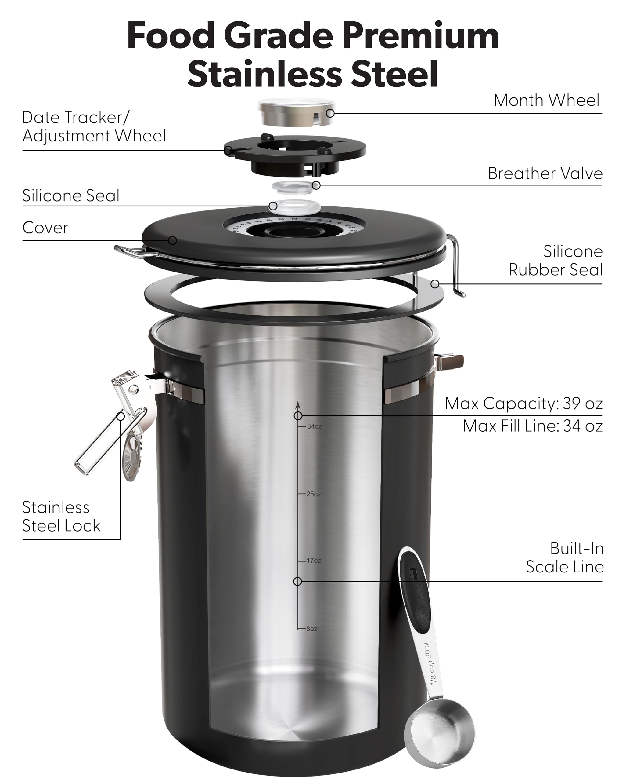 Veken canister next to a coffee cup showing 39oz size and counter scale
