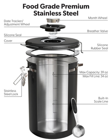 Veken canister next to a coffee cup showing 39oz size and counter scale