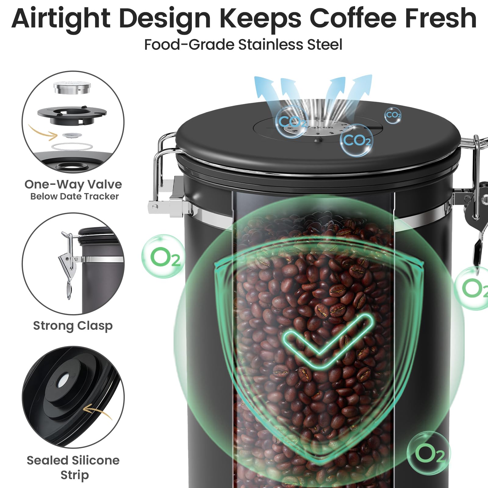 Veken canister filled with coffee beans highlighting capacity and aroma retention