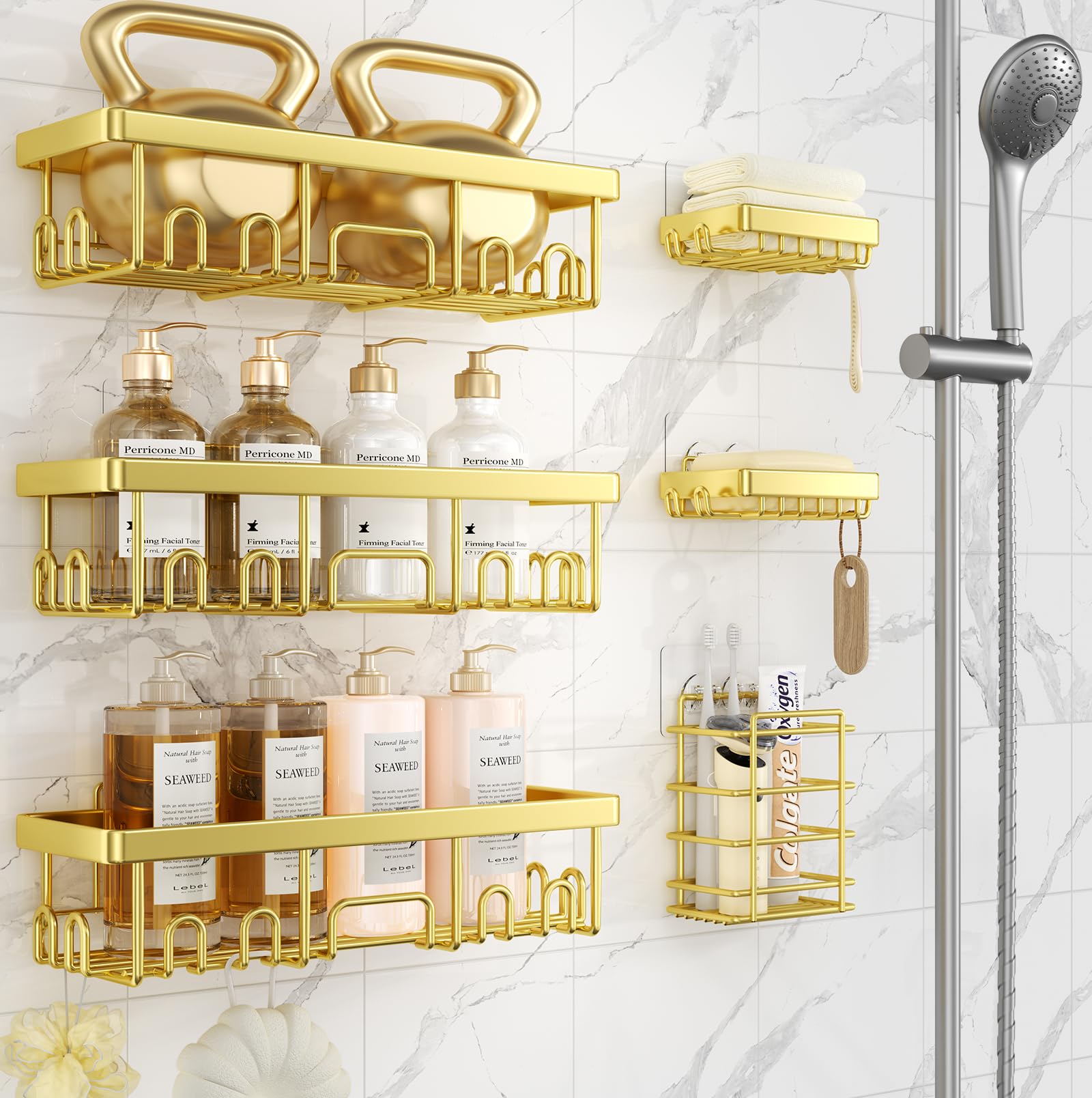 Veken front packaging showing bright gold shower caddy set, highlights organized storage