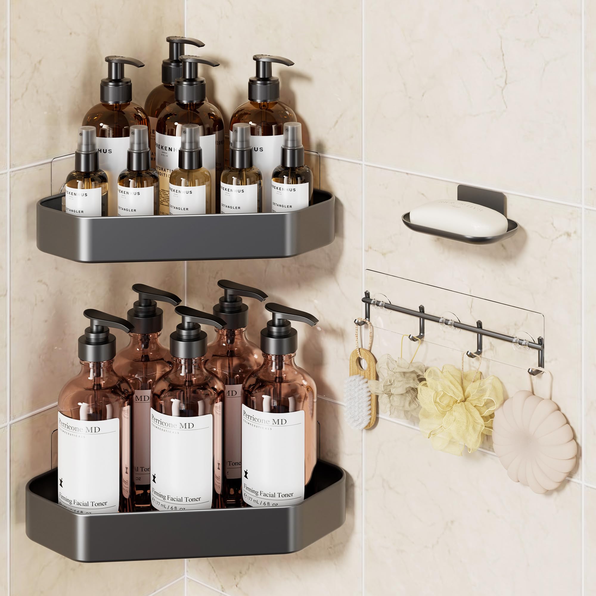 Veken front view of grey corner caddy showing organized bottles and space-saving benefit