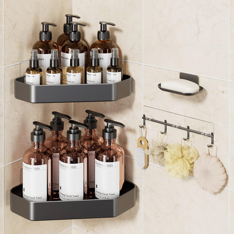 Veken front view of grey corner caddy showing organized bottles and space-saving benefit