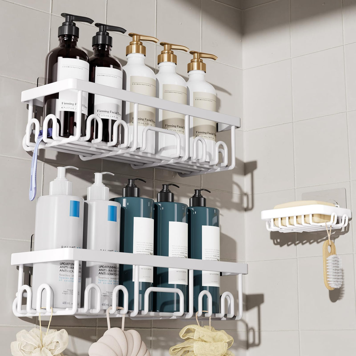 Veken front view assembled caddies showing tidy shower storage benefit