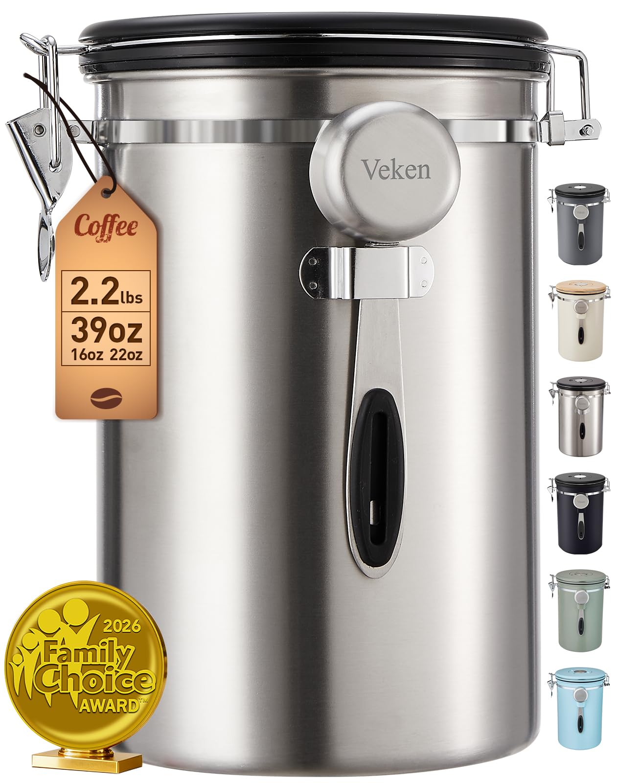 Veken front view canister showing sleek stainless finish and compact footprint