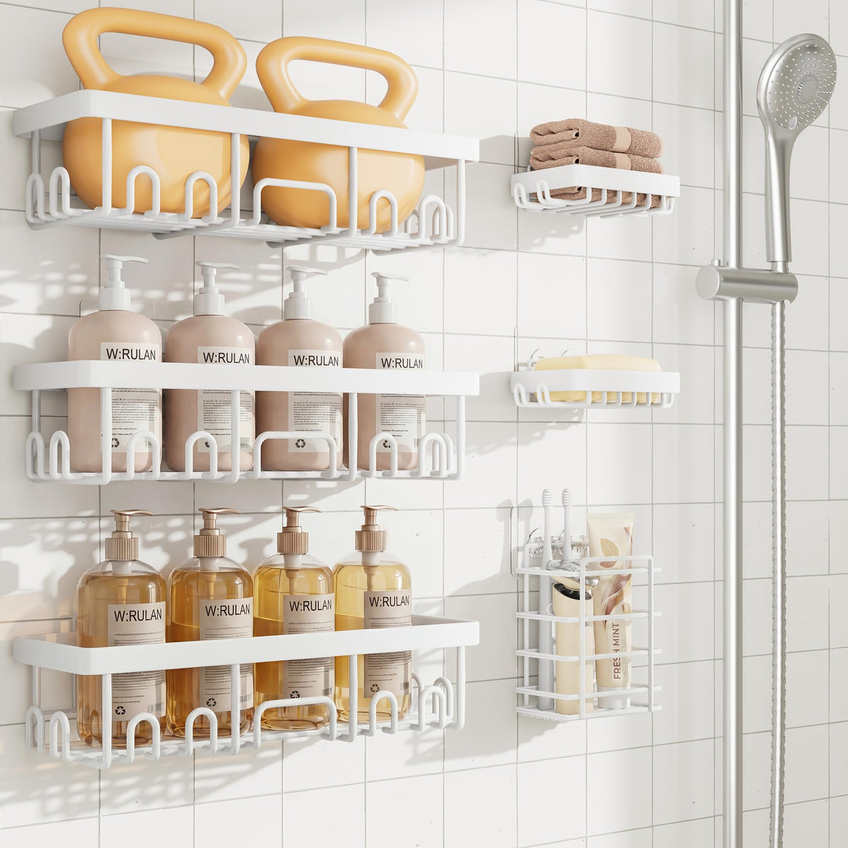 Veken front view of six-piece white caddy set showing neat storage benefit
