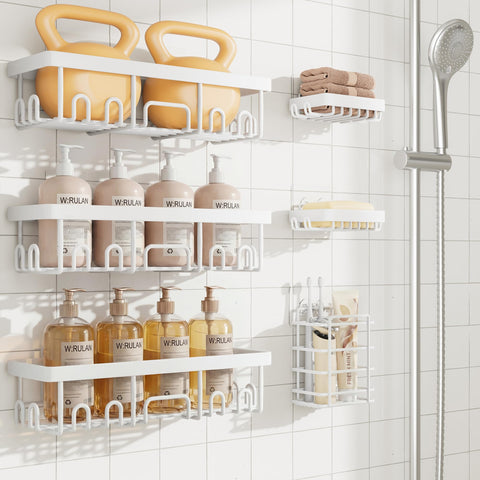 Veken front view of six-piece white caddy set showing neat storage benefit
