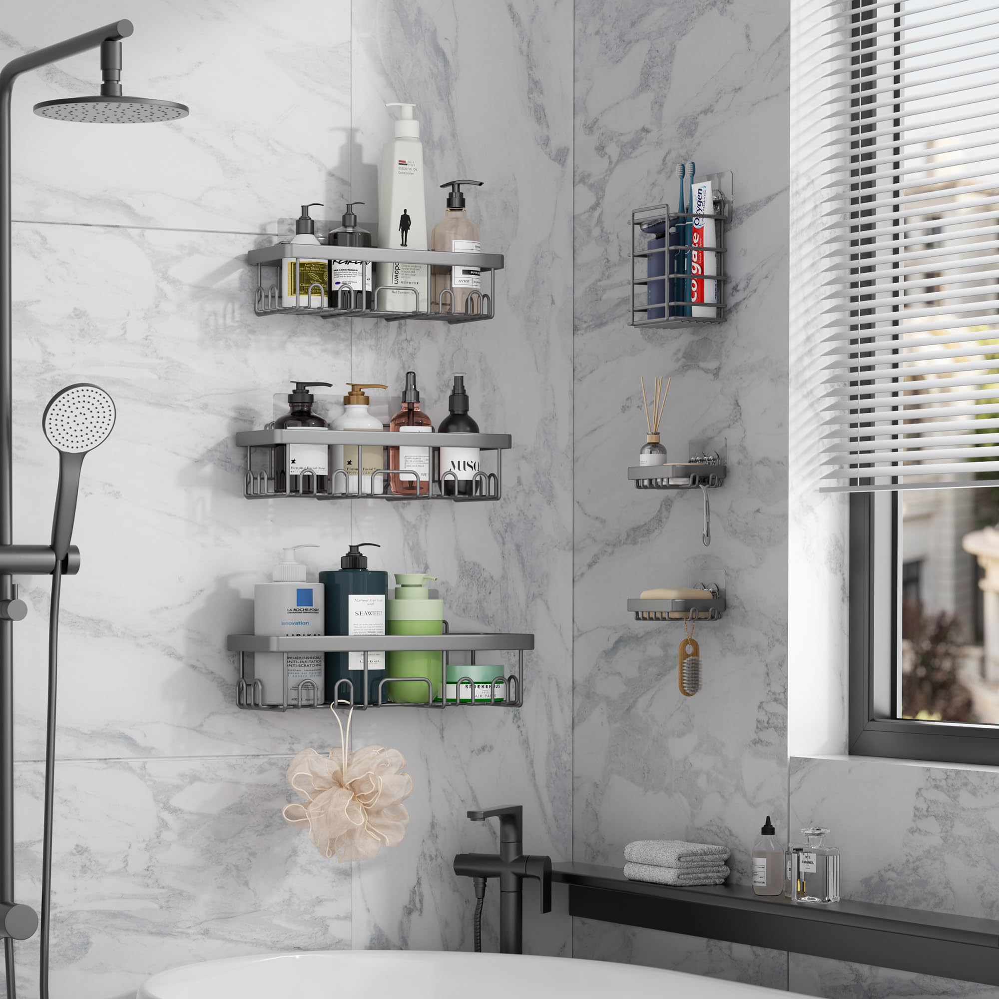 Veken medium and small shelves organized with toiletries showing space-saving benefit
