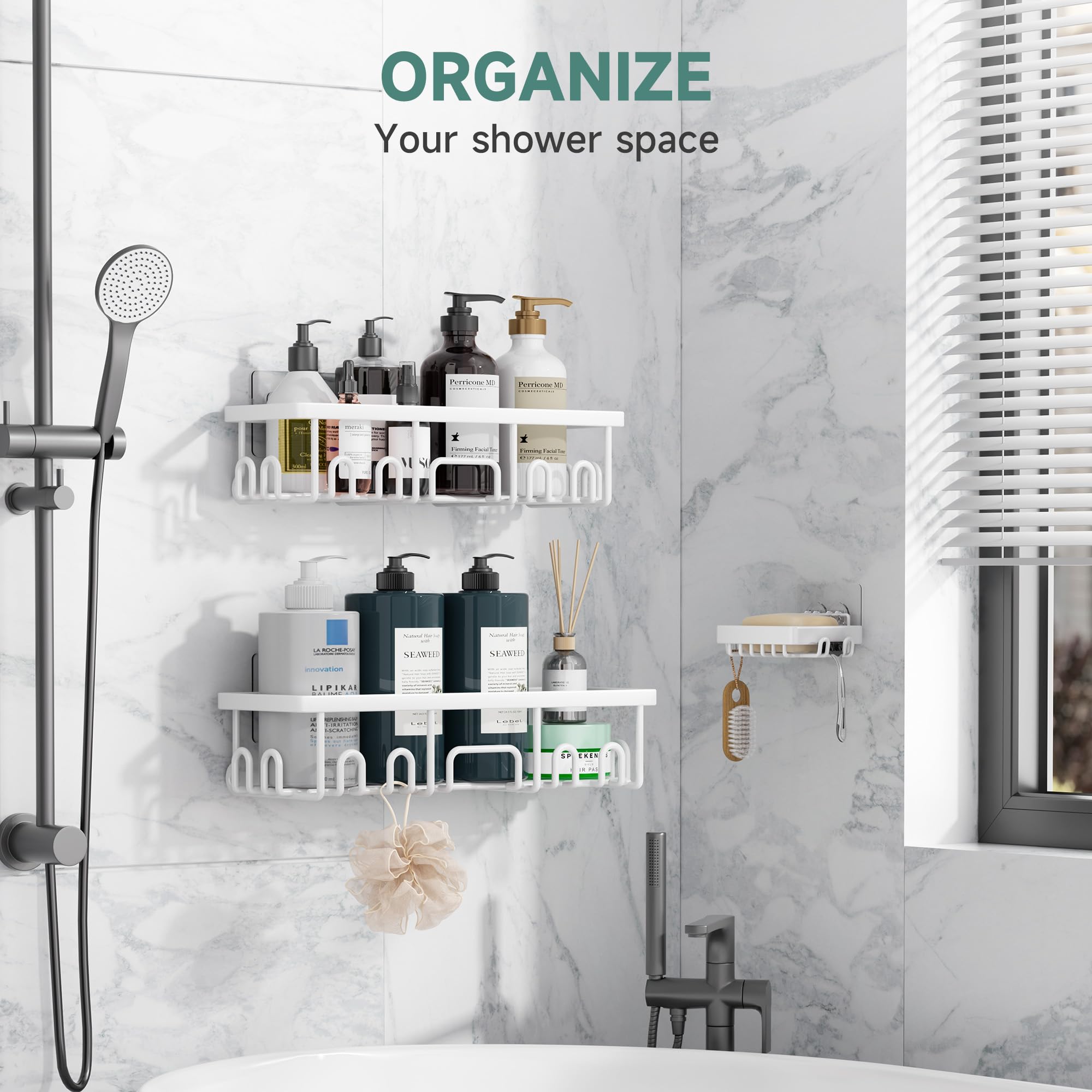 Veken mounted in shower lifestyle showing organized space benefit