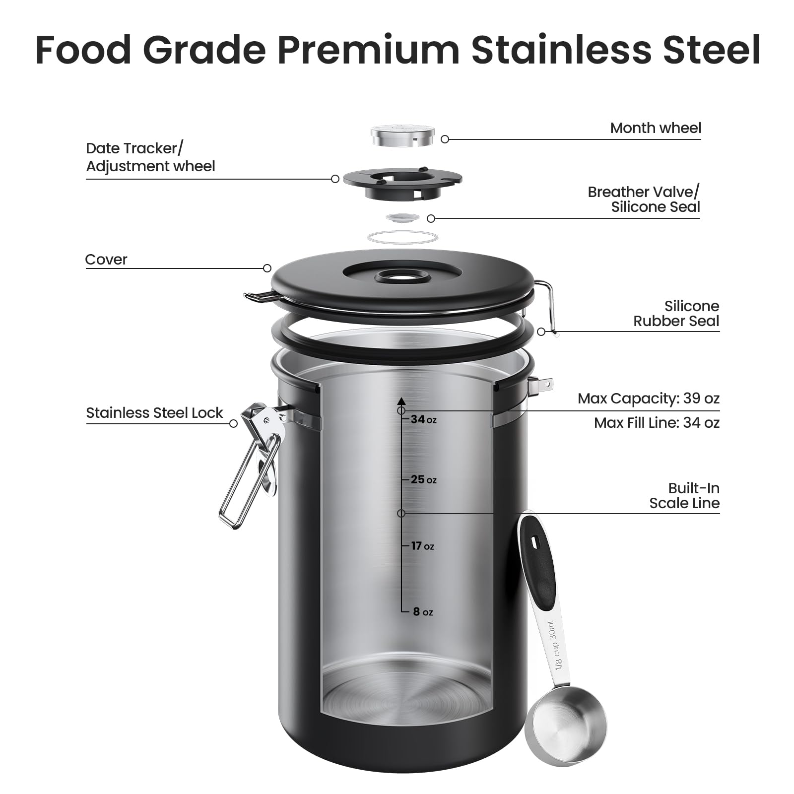 Veken open top filled with coffee beans demonstrating full 2.2 lb capacity