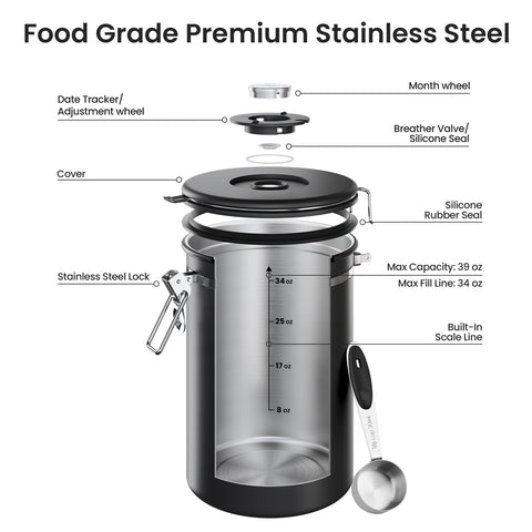 Veken open top filled with coffee beans demonstrating full 2.2 lb capacity