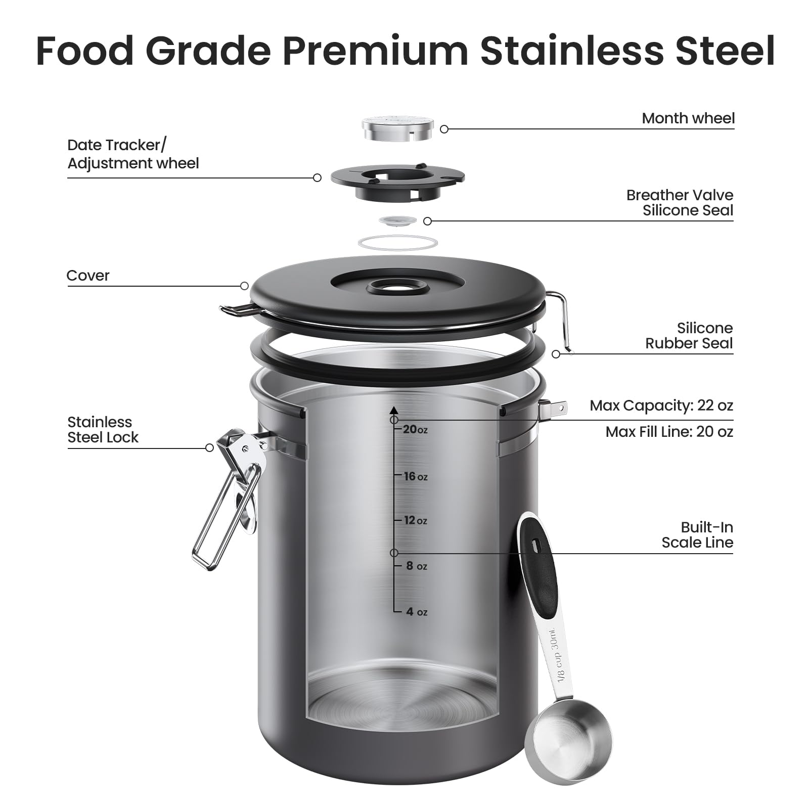 Veken stainless scoop hooked inside canister for tidy measuring convenience