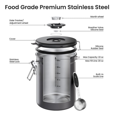 Veken stainless scoop hooked inside canister for tidy measuring convenience