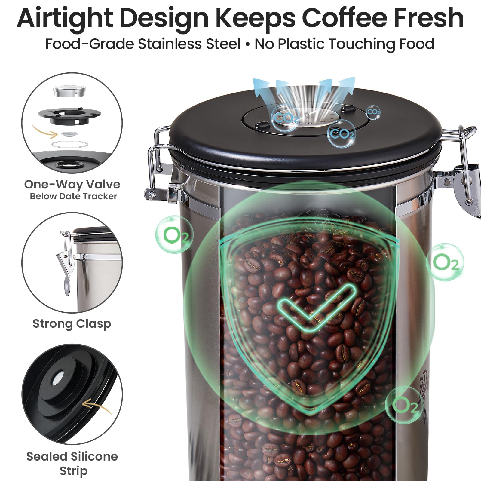 Veken hooked stainless scoop stored on lid for measured servings