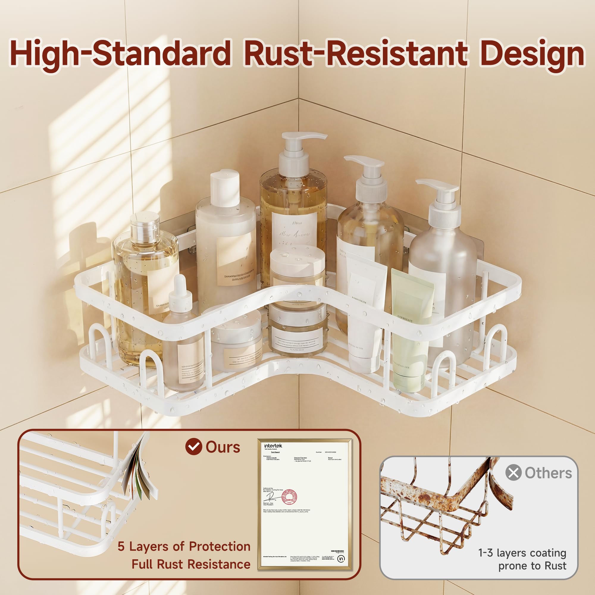 Veken shelf wire detail with soap dish showing quick drainage benefit