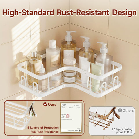 Veken shelf wire detail with soap dish showing quick drainage benefit