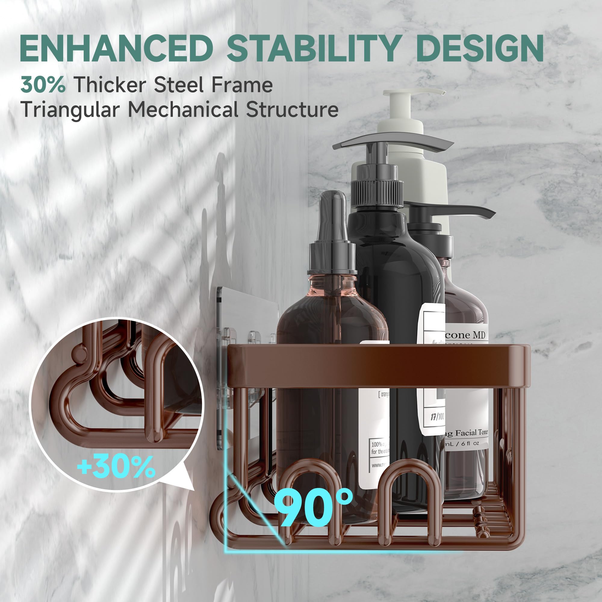 Veken large rack front view holding shampoo bottles for quick access benefit