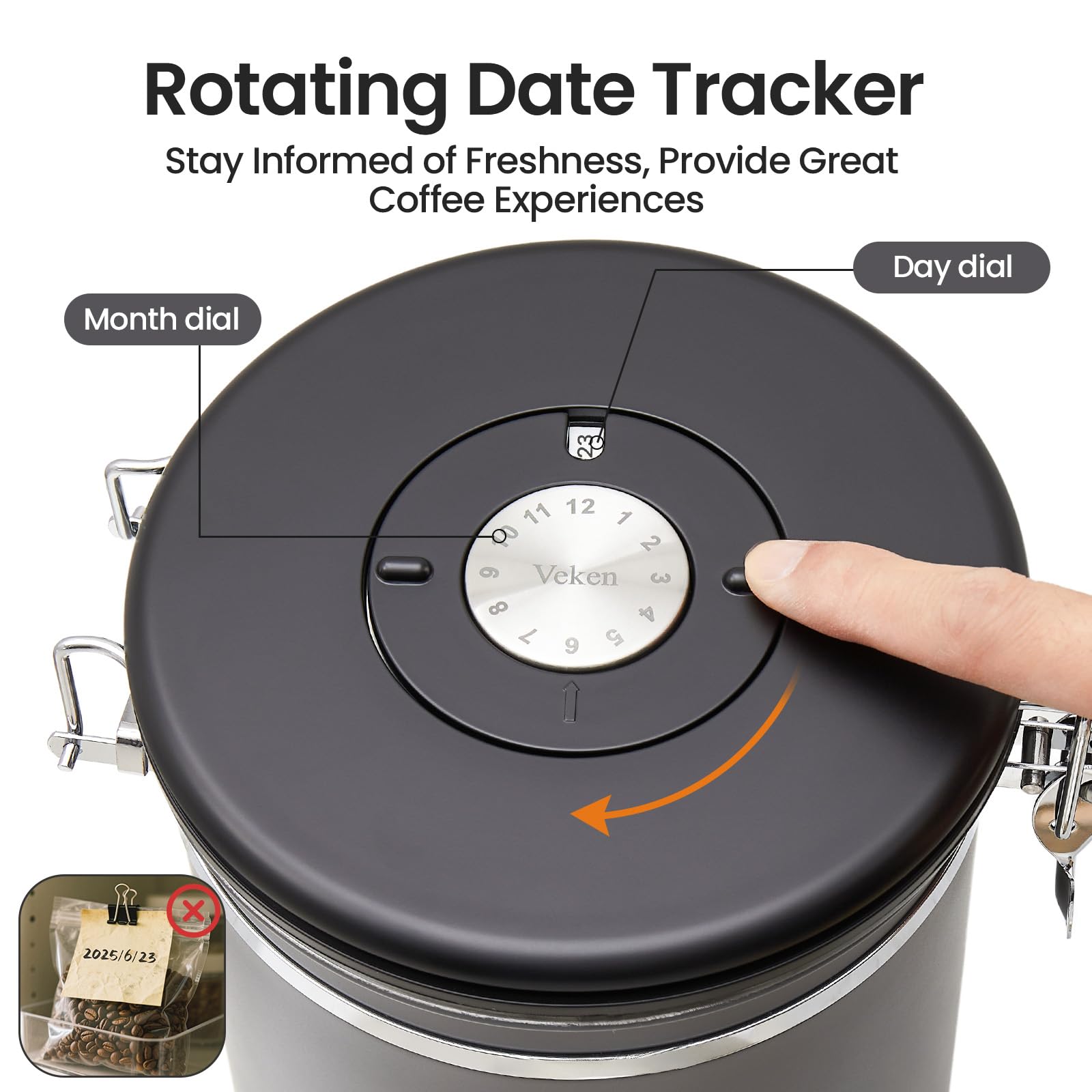 Veken beside standard coffee bag showing 22oz size and kitchen-friendly scale