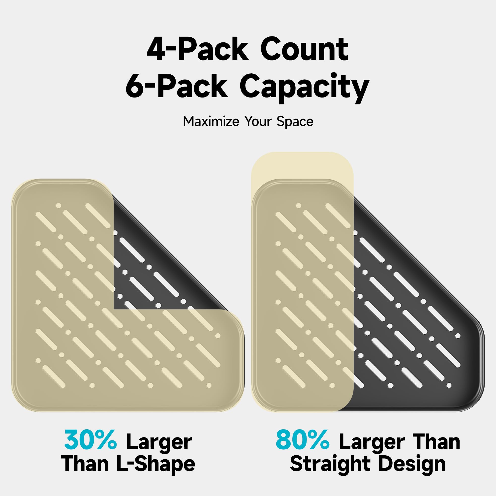 Veken corner caddy next to standard bottles for scale showing large-capacity storage benefit