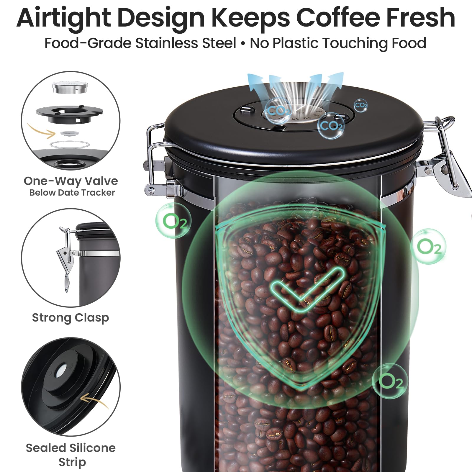 Veken stainless scoop with hooked handle stored on rim for measured servings