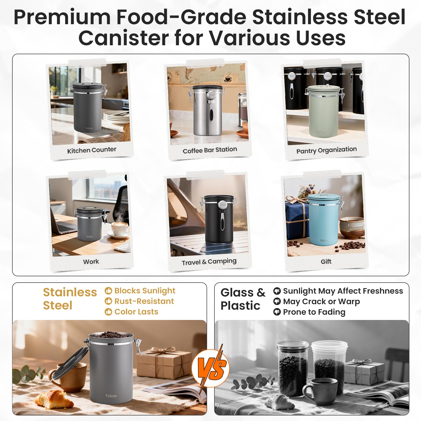 Veken stainless steel texture emphasizing durable, rust-resistant finish