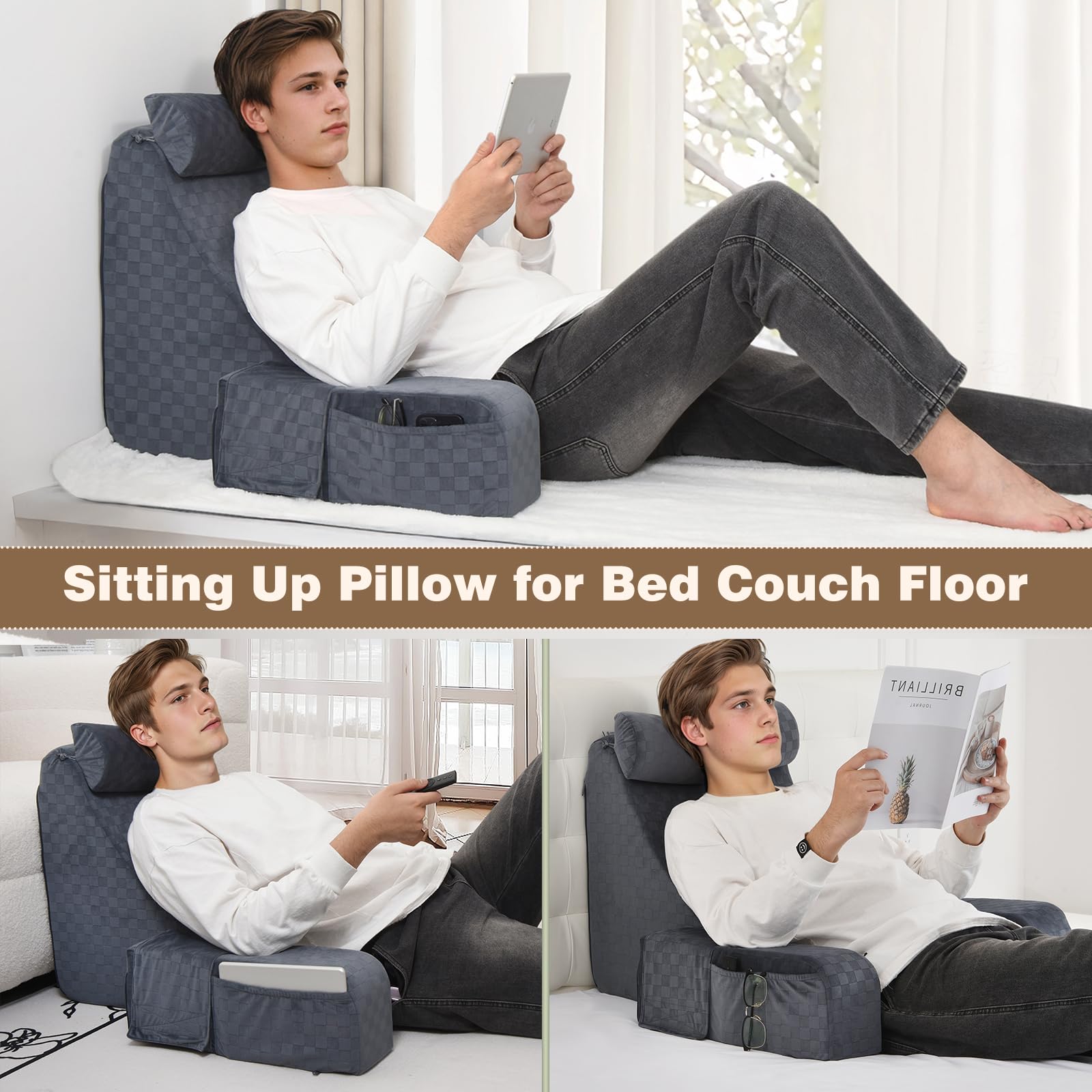 Vekkia reading pillow on bed with ruler for size and scale clarity