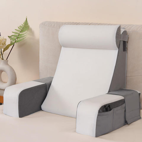 Vekkia front view of 21 inch reading pillow showing ergonomic 60° backrest and XL pockets for comfy support