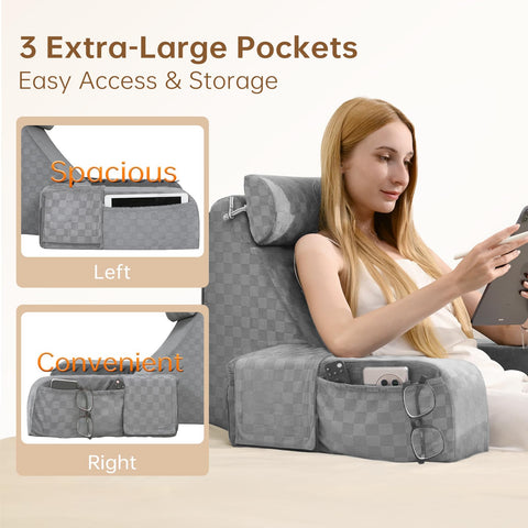 Vekkia in use on bed with person reading illustrating improved posture
